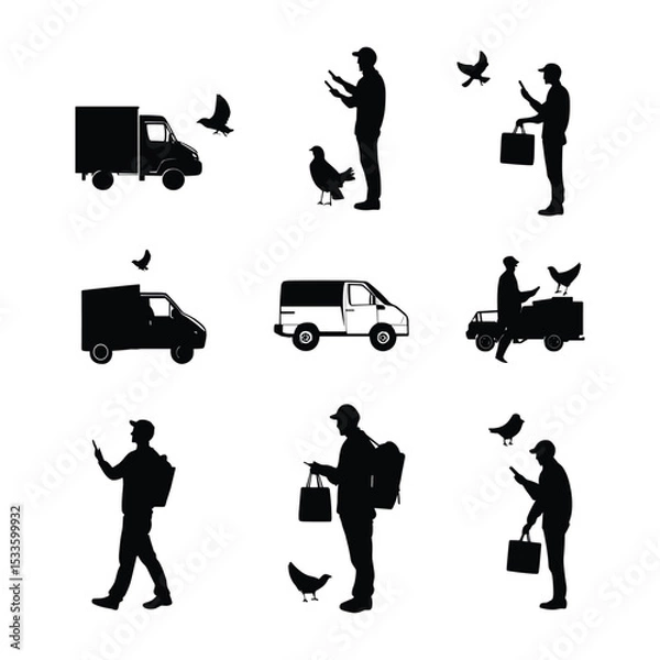 Obraz Set of delivery man and van silhouettes.