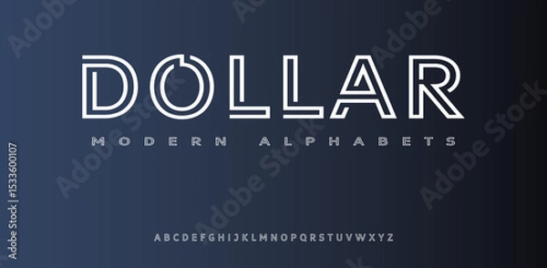 Fototapeta Modern font digital dollar alphabet made segment line, trendy letters A, B, C, D, E, F, G, H, I, J, K, L, M, N, O, P, Q, R, S, T, U, V, W, X, Y, Z and numerals 0, 1, 2, 3, 4, 5, 6, 7, 8, 9