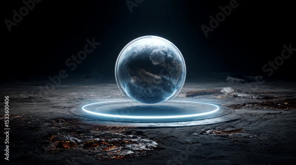 Fototapeta Holographic projection of a 3D planet from a floating AI device. digital technologies, artificial intelligence