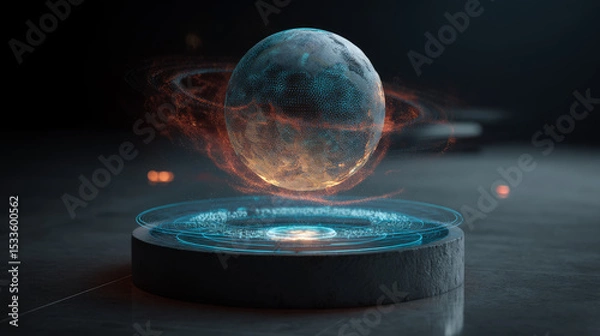 Fototapeta Holographic projection of a 3D planet from a floating AI device. digital technologies, artificial intelligence
