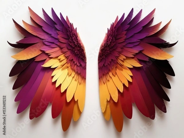 Fototapeta Beautiful gradient angel wings with vibrant purple, orange and yellow feathers arranged symmetrically on white background for design projects