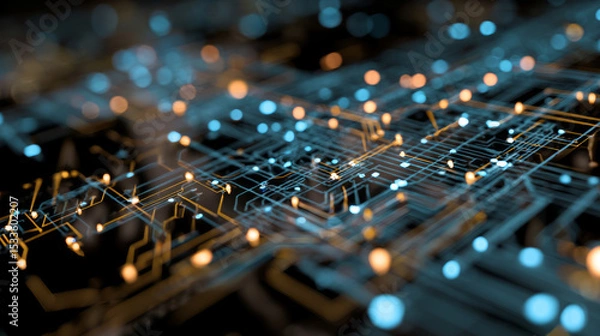 Fototapeta Circuit programming, big data server and information technology for software coding, digital future internet and crypto computer code. Abstract pattern, iot network engineering and IT cloud