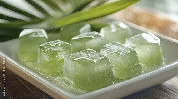 Fototapeta Mini coconut gel cubes in syrup, sparkling under natural light, served in a white dish with tropical pandan leaves for garnish.