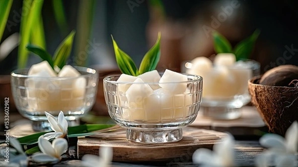 Fototapeta Mini cubes of coconut gel floating in syrup, served in a transparent glass dish with fresh pandan leaves and a rustic table setup.