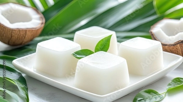 Fototapeta Mini cubes of coconut gel soaking in syrup, served in a simple white dish with pandan leaves and tropical accents styled around it.