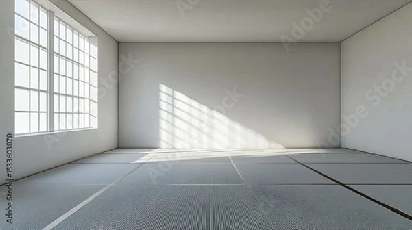 Fototapeta Minimal interior with tatami mat floor, empty and clean Japanese-inspired room design, high-resolution D rendering