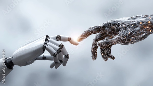 Obraz Artificial intelligence, future technology and business concept - robot and human hand on the background of connecting to a big data network futuristic