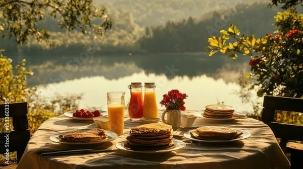 Fototapeta Minimalist breakfast table with pancakes, juice, and scenic highland view in early morning light