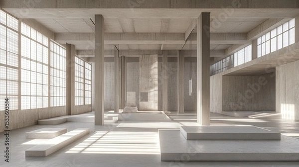 Fototapeta Minimalist empty warehouse interior with expansive concrete floors, steel columns, and natural light, perfect for logistics or storage