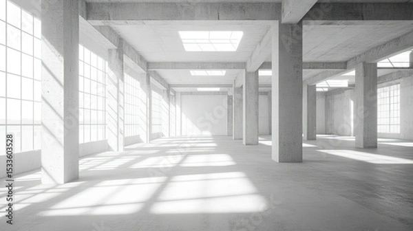 Fototapeta Minimalist empty warehouse interior with expansive concrete floors, steel columns, and natural light, perfect for logistics or storage