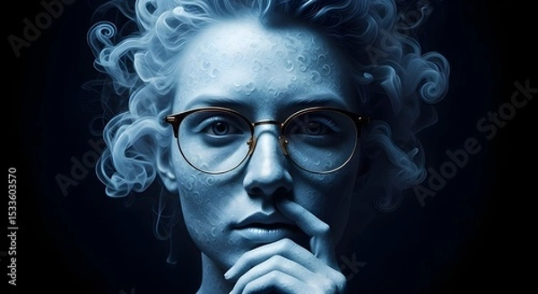 Obraz Abstract Smoke Face in Blue Atmosphere with Golden-Rimmed Glasses – Surreal Art Design