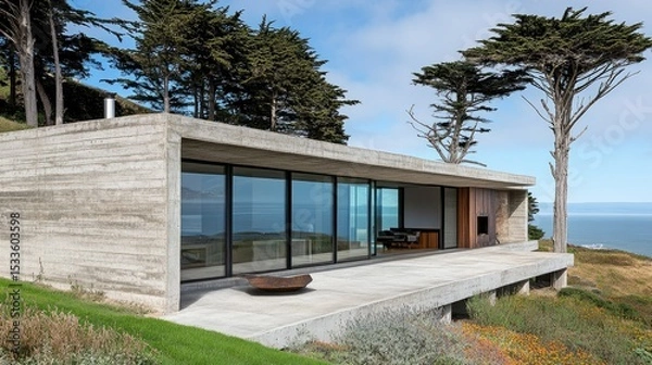 Fototapeta Minimalist European home exterior with a smooth concrete facade, large sliding glass doors, and a simple yet elegant front yard design