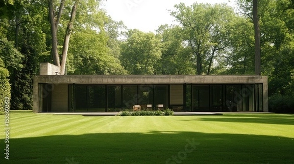 Fototapeta Minimalist European home exterior with a smooth concrete facade, large sliding glass doors, and a simple yet elegant front yard design