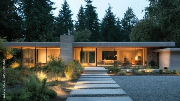 Fototapeta Minimalist European home exterior with smooth walls, a glass entryway, and simple landscaping, creating a contemporary residential aesthetic