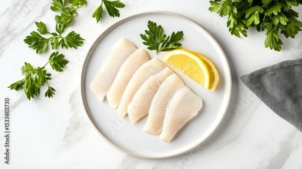Fototapeta Minimalist food layout featuring sliced herring on white plate with lemon wedge and fresh parsley