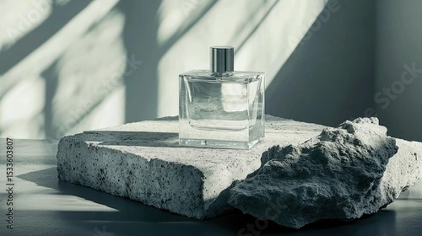 Fototapeta Minimalist fragrance bottle on textured concrete slab, soft reflections on transparent glass, modern luxury aesthetic