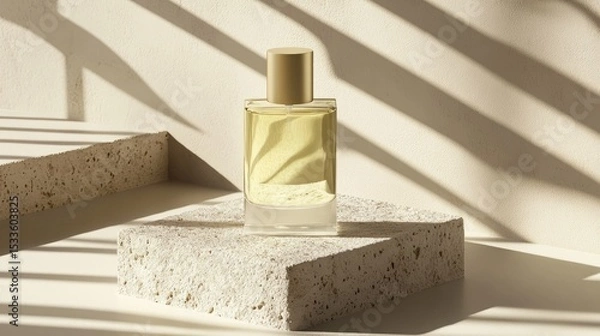 Fototapeta Minimalist fragrance bottle on textured concrete slab, soft reflections on transparent glass, modern luxury aesthetic
