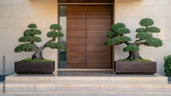 Fototapeta Minimalist home entrance with sleek wood front door and matching bonsai-style trees in large pots