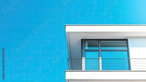 Fototapeta Minimalist modern home facade with open terrace and clear blue sky, perfect summer setting