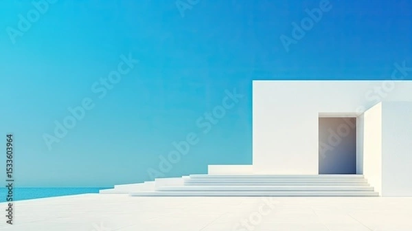 Fototapeta Minimalist modern home facade with open terrace and clear blue sky, perfect summer setting