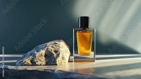 Fototapeta Minimalist perfume bottle with soft shadows, placed on textured rock, high-end luxury aesthetic with a clean background