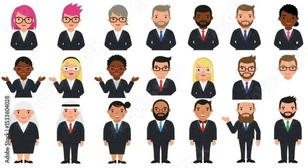 Fototapeta Set of diverse business cartoon characters, including men and women of various ethnicities, wearing suits and professional attire, standing on a white background.