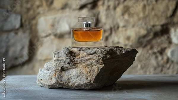 Fototapeta Minimalist perfume bottle with subtle reflections, set on a sculptural rock pedestal, elegant and high-end beauty photography
