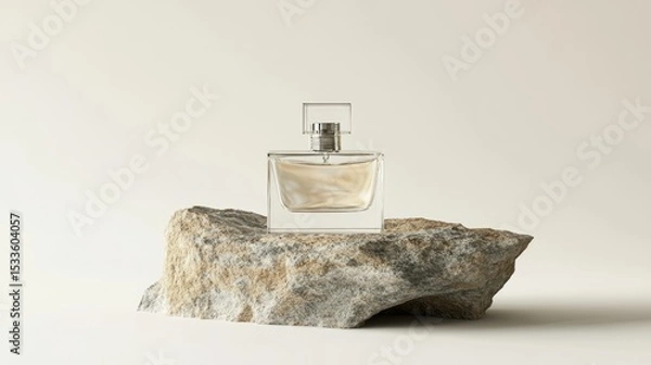 Fototapeta Minimalist perfume container with transparent packaging, positioned on a sculptural stone piece, modern aesthetic on white background