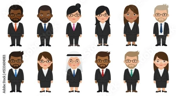 Fototapeta Set of diverse business cartoon characters, including men and women of various ethnicities, wearing suits and professional attire, standing on a white background.