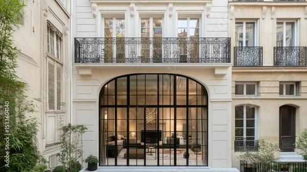 Fototapeta Minimalist residential facade in Europe with clean architectural lines, a glass-fronted living area, and a neutral color palette