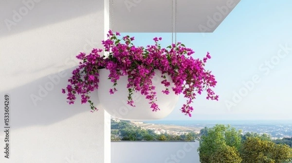 Fototapeta Minimalist summer balcony with white walls and bougainvillea spilling from a hanging planter