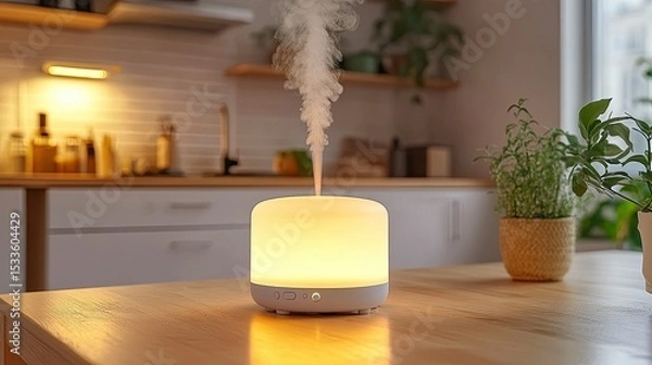 Fototapeta Minimalist ultrasonic diffuser with soft LED glow, releasing calming essential oil mist in a bright and cozy home environment