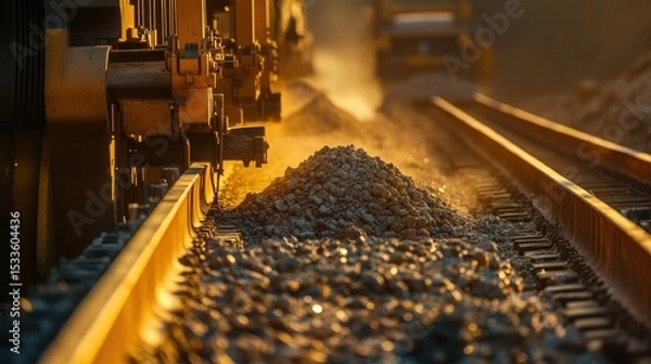 Fototapeta Mining industry at work, with a worker engineer inspecting conveyor belts moving crushed stones from a stone crusher.