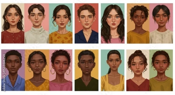 Fototapeta Grid of diverse, illustrated portraits featuring young people with varying ethnicities, hair styles, and expressions, set against colorful backgrounds.