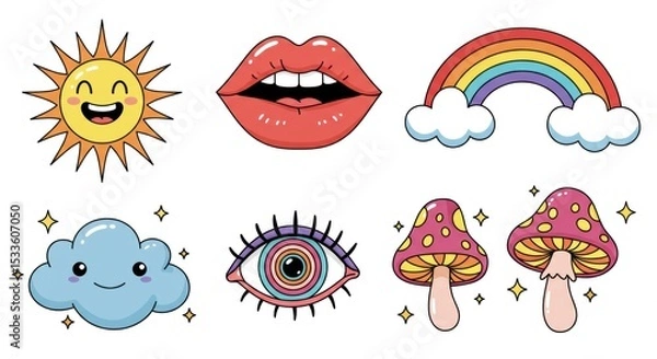 Fototapeta A set of cute cartoon psychedelic stickers featuring a smiling sun, lips, rainbow, clouds, mushrooms, and an eye on a pink background.