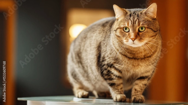 Obraz Domestic cat with signs of obesity thick belly and swollen fat muzzle. Sedentary lifestyle pet. Disease. Laziness. problems associated obesity due greater amount food treats we consume unhealthy diet