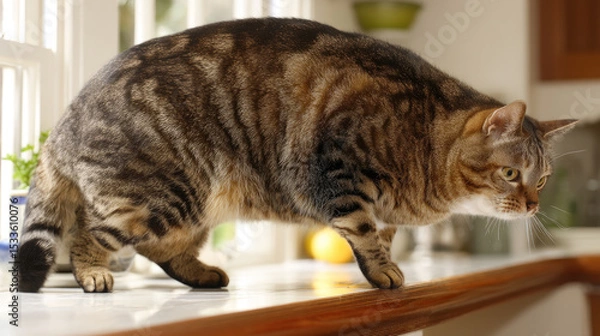 Obraz Domestic cat with signs of obesity thick belly and swollen fat muzzle. Sedentary lifestyle pet. Disease. Laziness. problems associated obesity due greater amount food treats we consume unhealthy diet