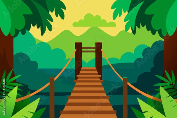 Fototapeta A vibrant vector illustration of a tropical island landscape with a winding wooden path through the forest, leading to a serene beach under a summer sky with clouds