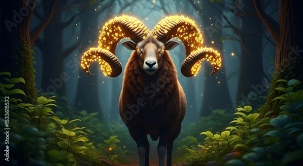 Obraz Majestic Ram With Golden Flowers in Spiral Horns Standing in an Enchanted Dark Forest – Cinematic Fantasy Scene