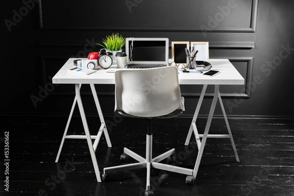 Fototapeta Office leather desk table with computer, supplies