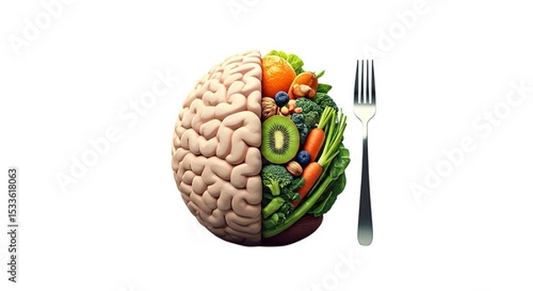 Fototapeta A brain split in half with vegetables and fruits next to a fork on a black background studio shot
