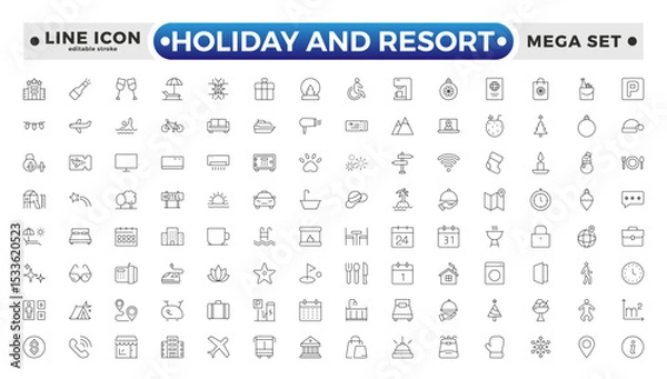 Fototapeta Holiday and Resort outline icon set. Summer travel icon set. holiday tour icons for app and website containing hotel sun camp mountain drink plane island. Editable stroke outline icon.
