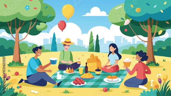 Fototapeta Cheerful group enjoying picnic in a park with balloons and delicious food
