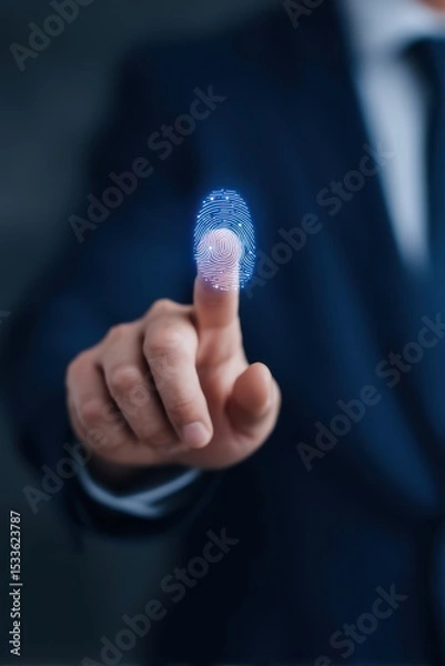 Obraz integrity access lock encryption verification concept. A person scanning a fingerprint on a digital interface.