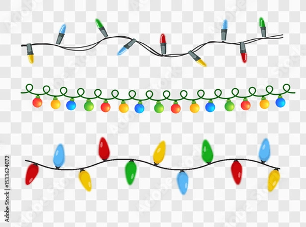 Fototapeta Christmas decorations, isolated on transparent background. Silver string garlands with balls realistic set. White Xmas decor. Festive design element