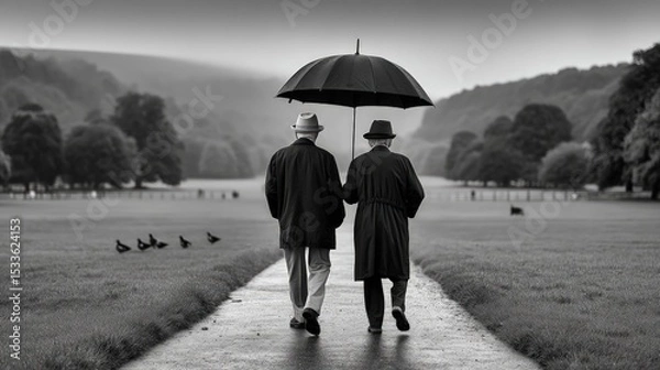 Obraz Rainy day stroll two men umbrella