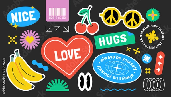 Fototapeta Futuristic y2k patches, labels, tags, stickers and bracelet stamps in retro style. Fun Y2K Graphic collection with smile faces. Trendy patches, groovy tags, vector illustration of y2k, 90s