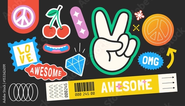 Fototapeta Trendy patches collection with smile faces in funky hipster style. Retro-style y2k bracelet stamps and tags in groovy style. Fun Y2K Graphic stickers and vector illustration of 90s labels