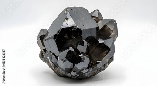 Obraz Dark Quartz Crystals With Glossy Surface on White Background – Geometric Cluster Formation