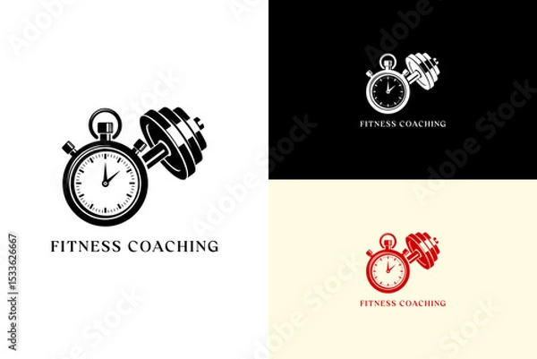 Fototapeta illustration of stopwatch with a dumbbell, icon, vector logo for gym, running, weightlifting, workout, instructor, personal trainer, exercise, health and wellness, fitness coaching, and more